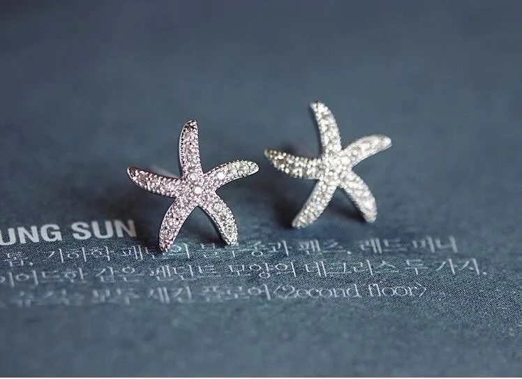 New Fashion Anti-allergic 925 Sterling Silver Jewelry Micro-embedded Crystal Starfish Personality Exquisite Earrings E037