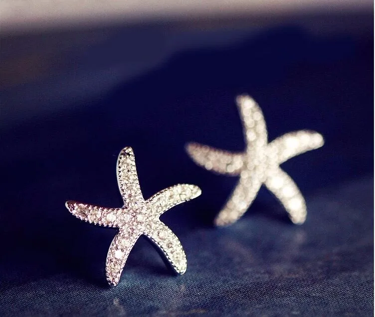 New Fashion Anti-allergic 925 Sterling Silver Jewelry Micro-embedded Crystal Starfish Personality Exquisite Earrings E037