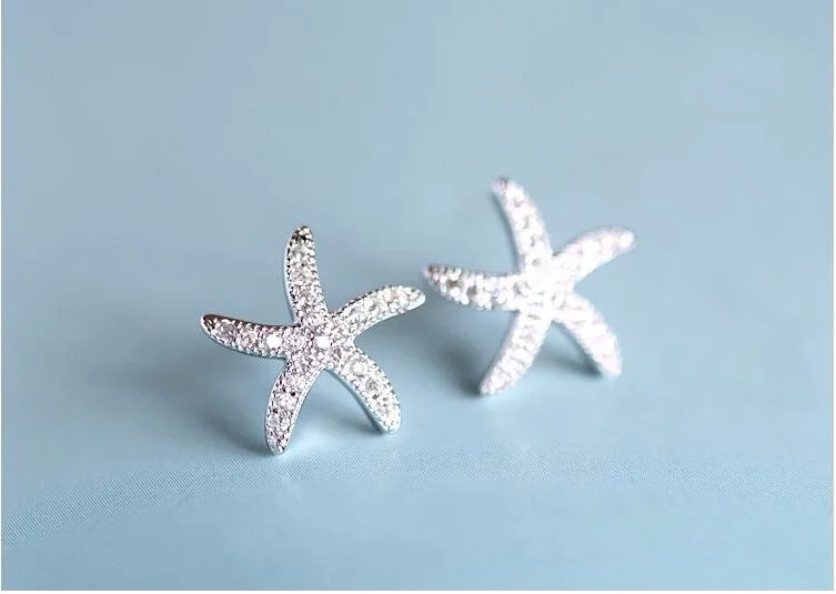 New Fashion Anti-allergic 925 Sterling Silver Jewelry Micro-embedded Crystal Starfish Personality Exquisite Earrings E037