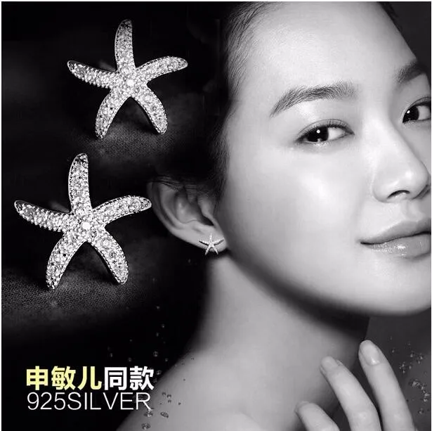 New Fashion Anti-allergic 925 Sterling Silver Jewelry Micro-embedded Crystal Starfish Personality Exquisite Earrings E037