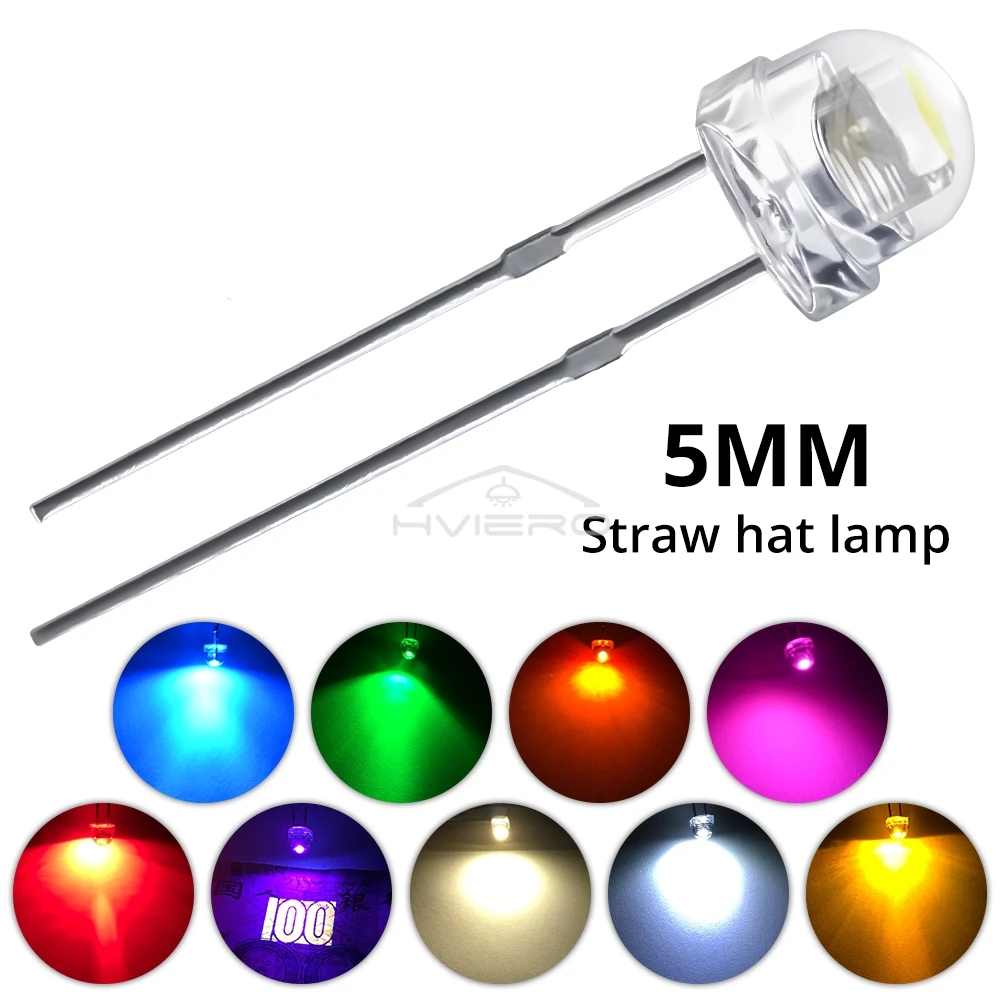 100Pcs 5mm Straw Hat Diode Led 3V UV Purple Water Clear Super Brights Wide Angle Bulb Lamping Atmosphere Diodes Direct Insertion