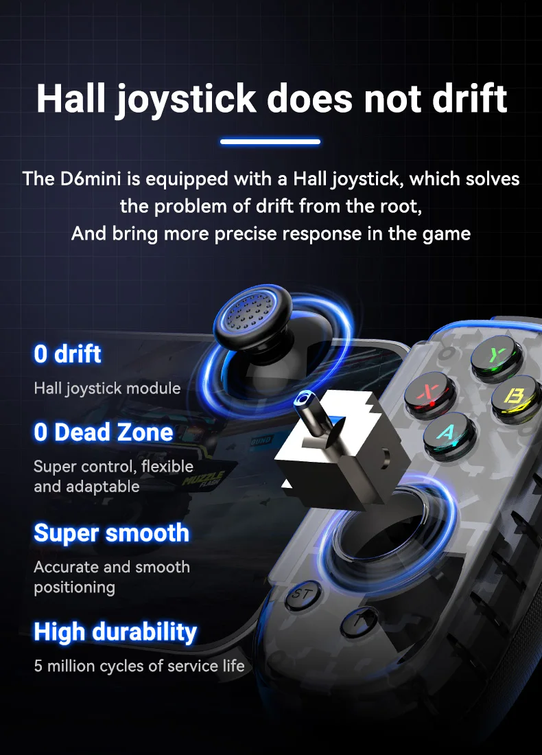 D6MINI Wireless Mobile Game Controller with Hall Joystick Quick Trigger USB C Gamepad for 3DS Android ios Switch