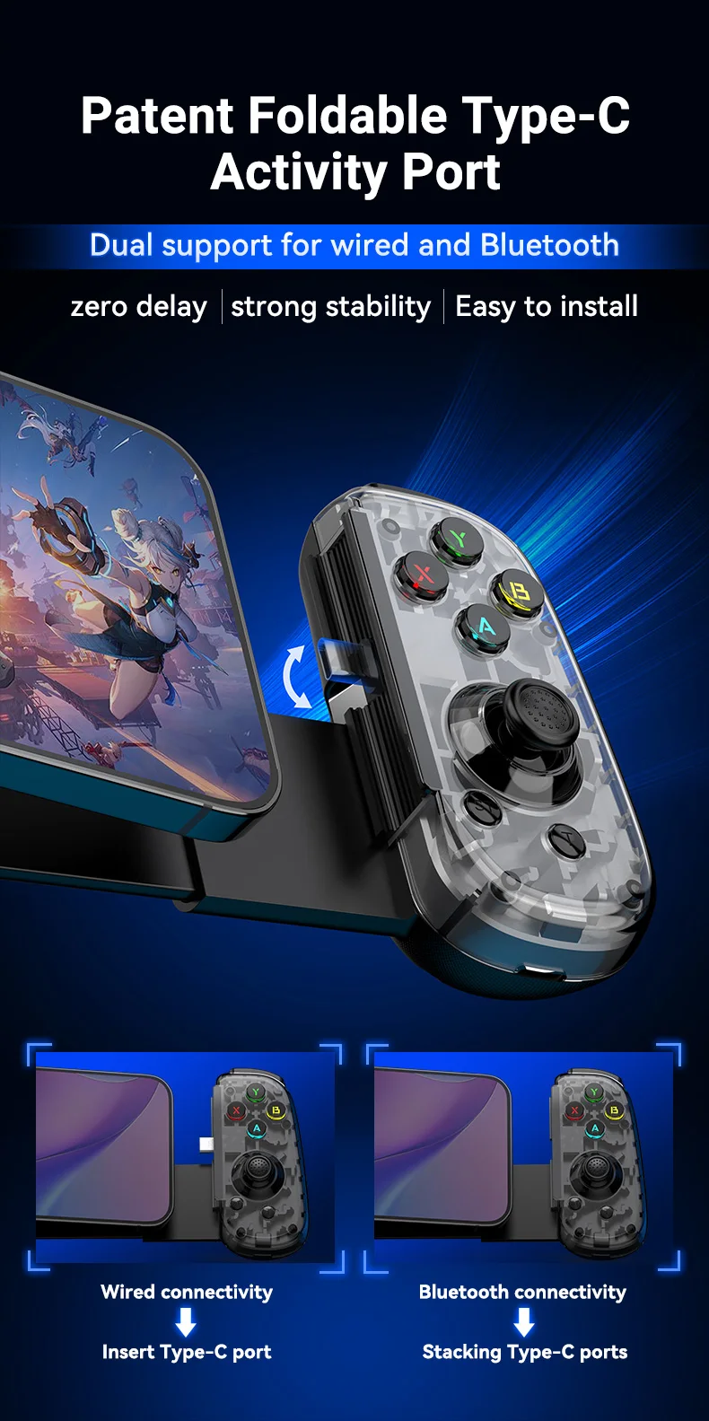 D6MINI Wireless Mobile Game Controller with Hall Joystick Quick Trigger USB C Gamepad for 3DS Android ios Switch