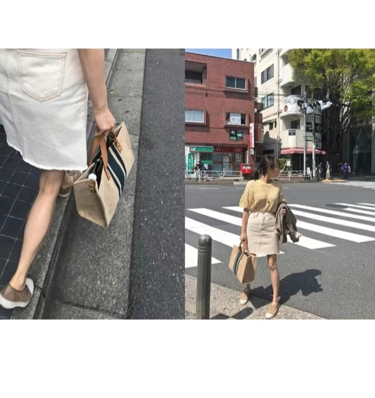 Women Korean Striped Canvas Bag Large Capacity Shoulder Handbag Office Briefcase