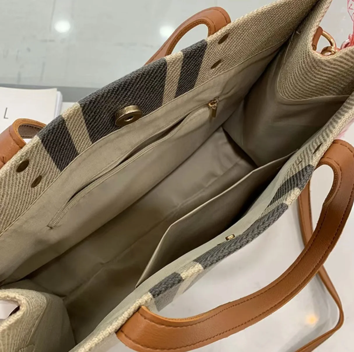 Women Korean Striped Canvas Bag Large Capacity Shoulder Handbag Office Briefcase