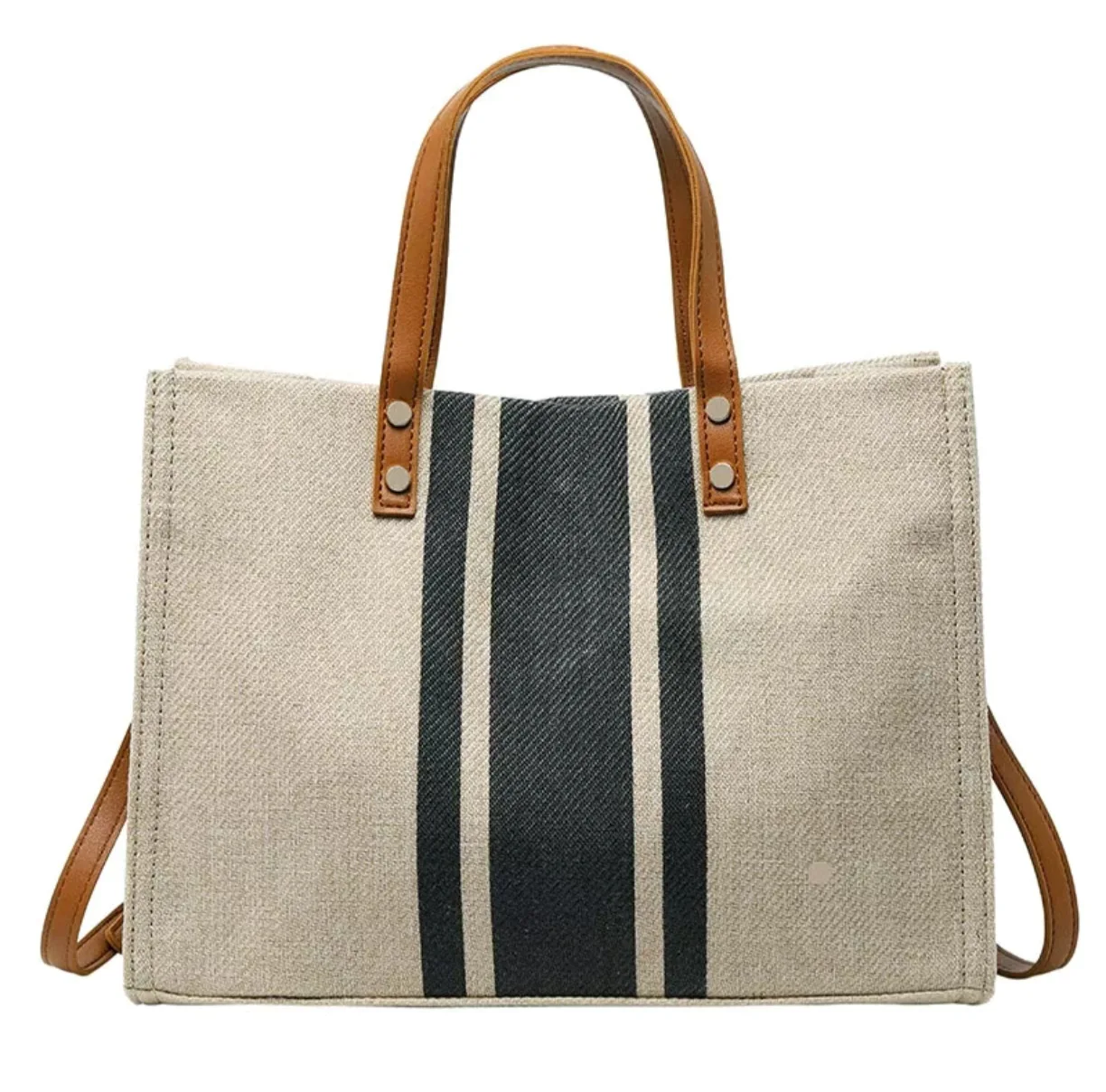 Women Korean Striped Canvas Bag Large Capacity Shoulder Handbag Office Briefcase