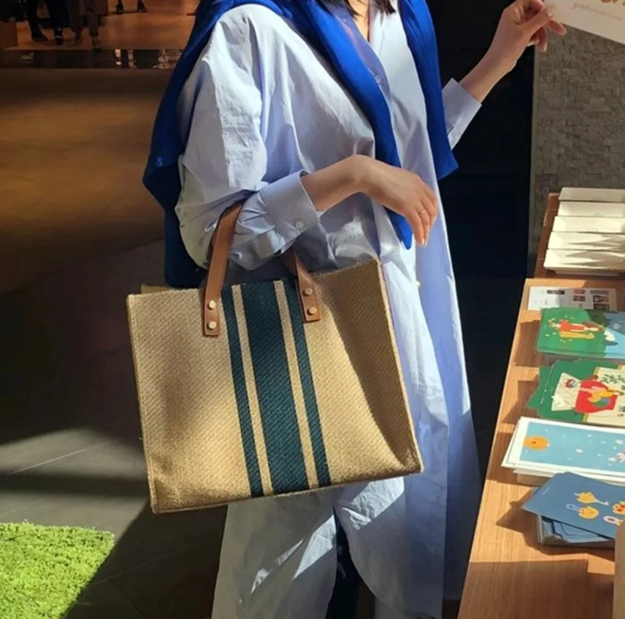 Women Korean Striped Canvas Bag Large Capacity Shoulder Handbag Office Briefcase