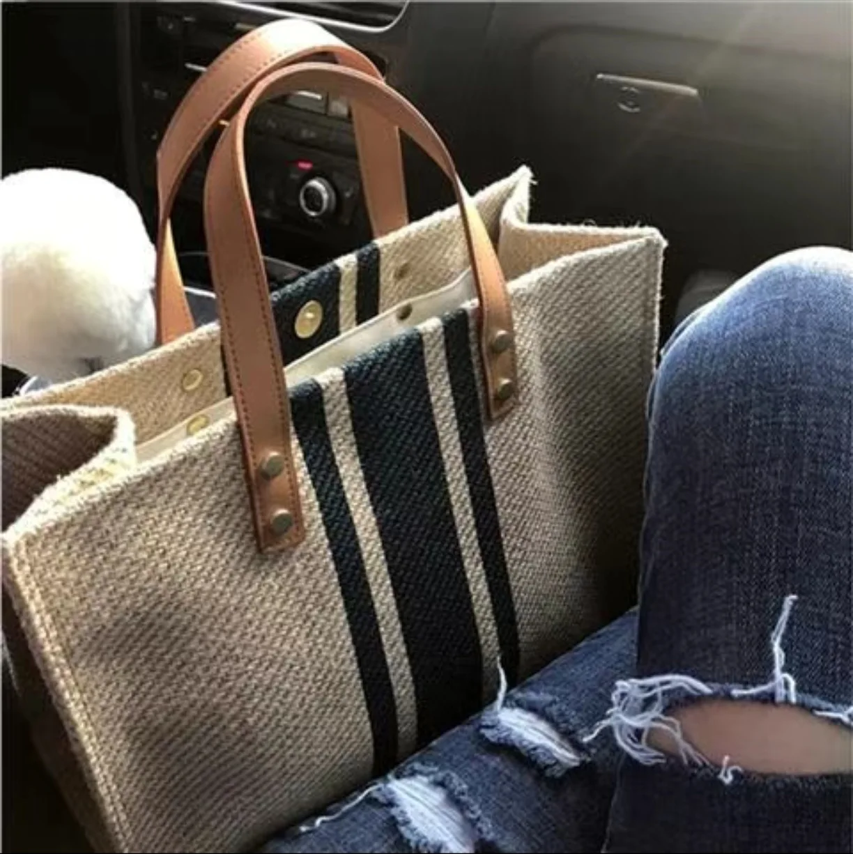 Women Korean Striped Canvas Bag Large Capacity Shoulder Handbag Office Briefcase