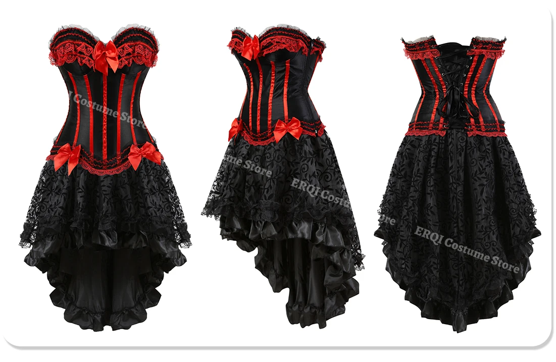 Sexy Satin Overbust Corset Top Lace Bowknot Decorated Clubwear Showgirl Body Shaper Plus Size