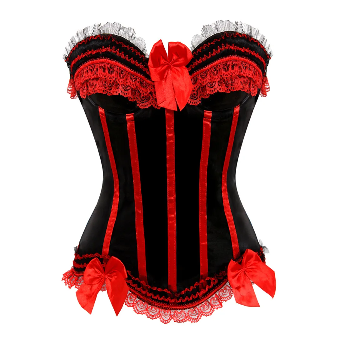 Sexy Satin Overbust Corset Top Lace Bowknot Decorated Clubwear Showgirl Body Shaper Plus Size