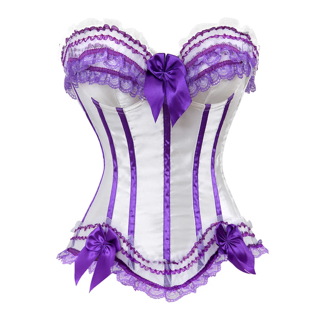 Sexy Satin Overbust Corset Top Lace Bowknot Decorated Clubwear Showgirl Body Shaper Plus Size
