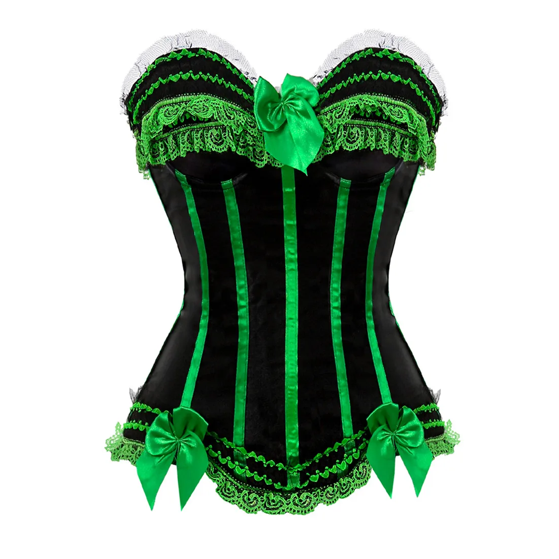 Sexy Satin Overbust Corset Top Lace Bowknot Decorated Clubwear Showgirl Body Shaper Plus Size