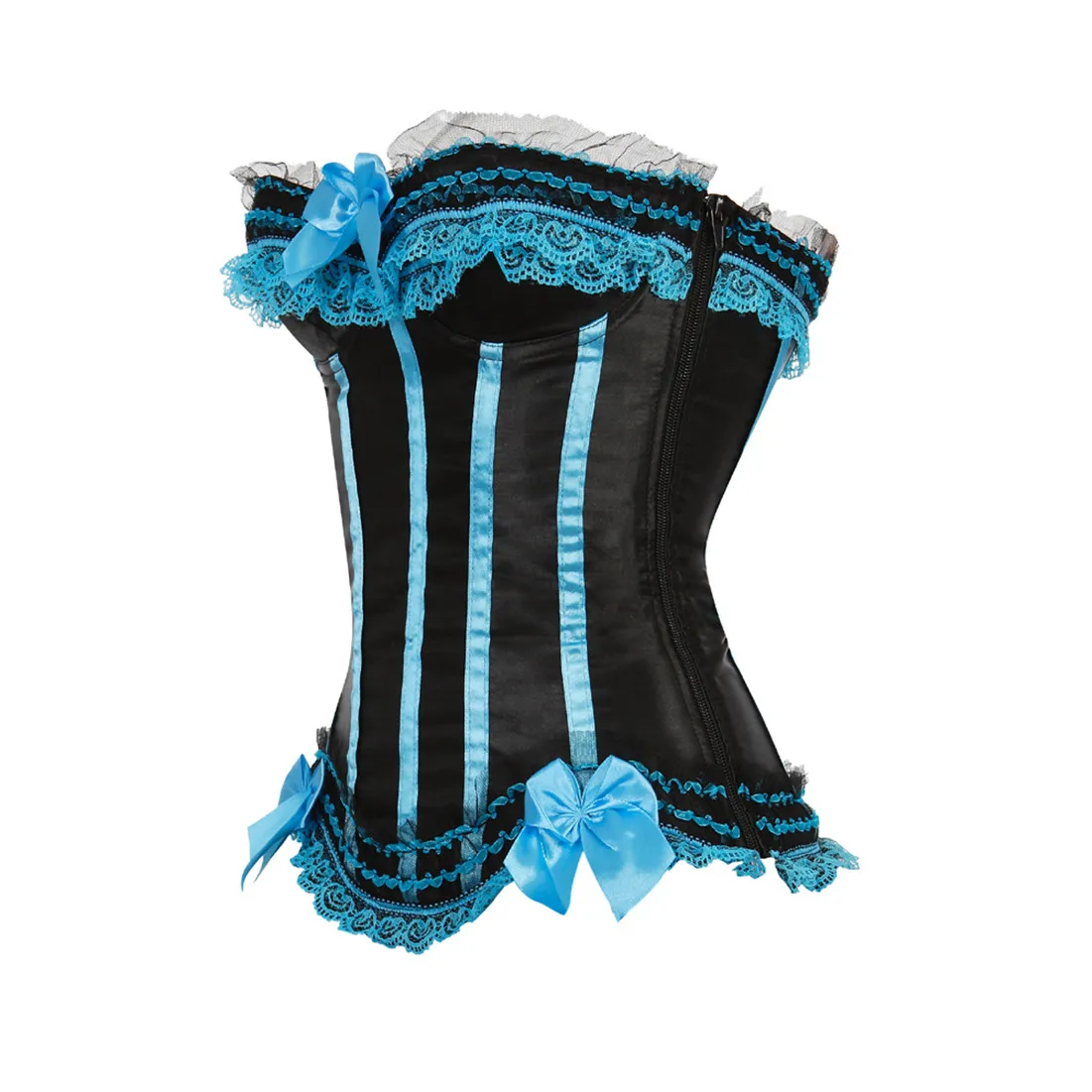 Sexy Satin Overbust Corset Top Lace Bowknot Decorated Clubwear Showgirl Body Shaper Plus Size