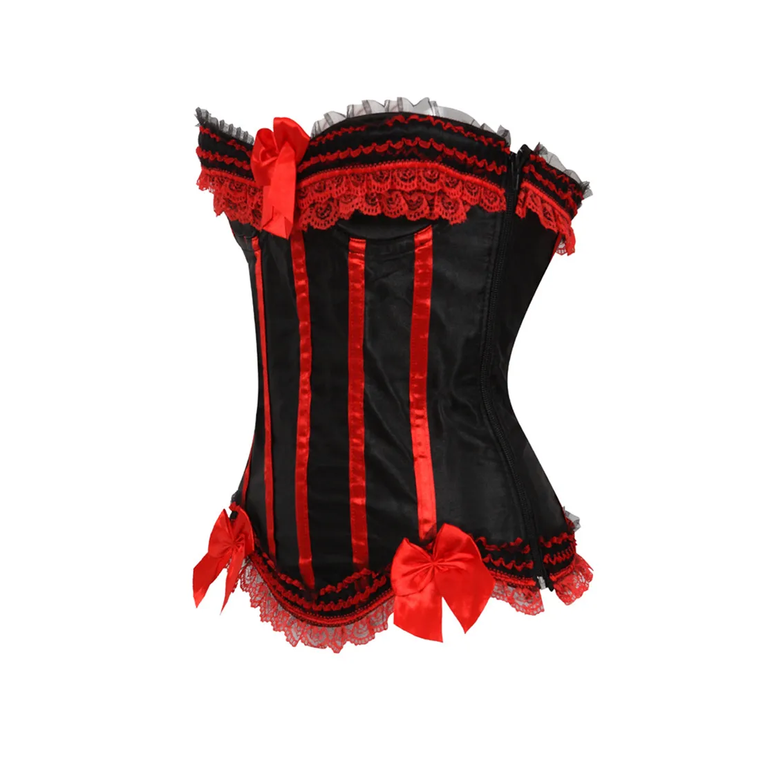 Sexy Satin Overbust Corset Top Lace Bowknot Decorated Clubwear Showgirl Body Shaper Plus Size
