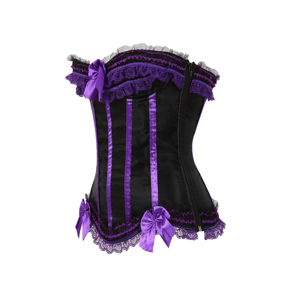 Sexy Satin Overbust Corset Top Lace Bowknot Decorated Clubwear Showgirl Body Shaper Plus Size