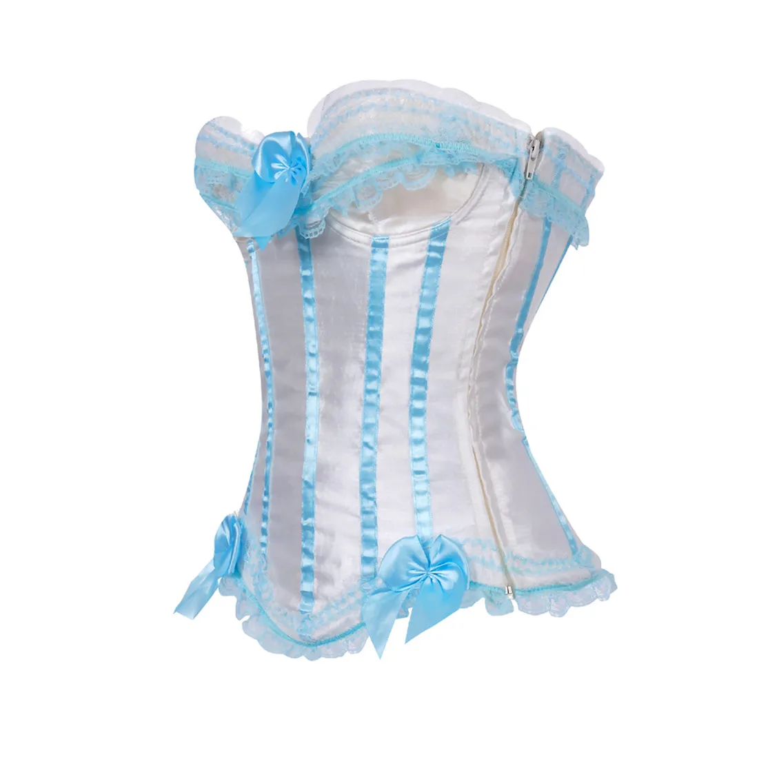 Sexy Satin Overbust Corset Top Lace Bowknot Decorated Clubwear Showgirl Body Shaper Plus Size