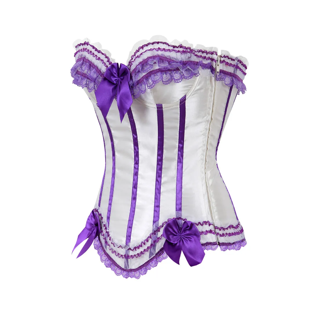 Sexy Satin Overbust Corset Top Lace Bowknot Decorated Clubwear Showgirl Body Shaper Plus Size