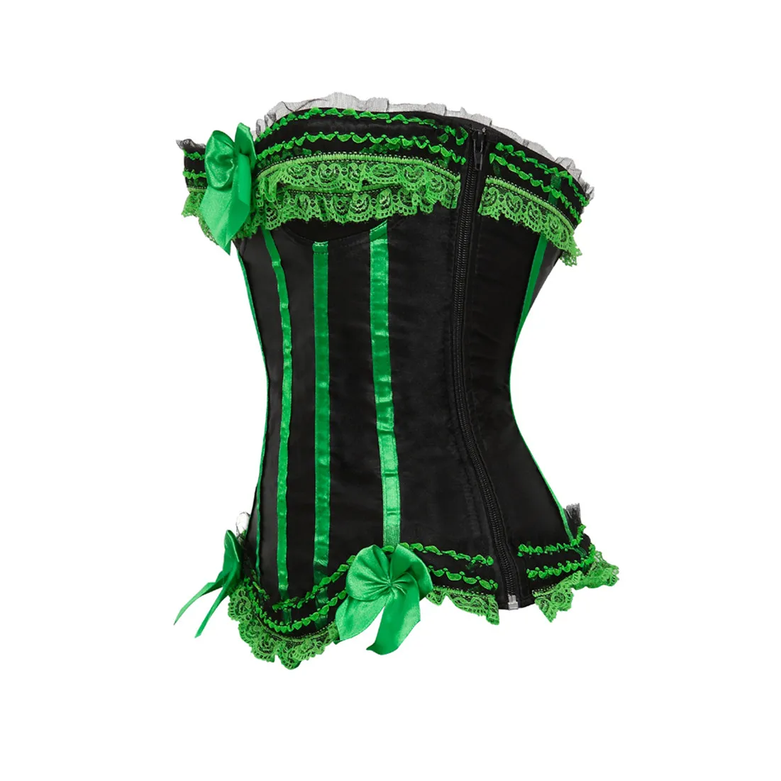Sexy Satin Overbust Corset Top Lace Bowknot Decorated Clubwear Showgirl Body Shaper Plus Size