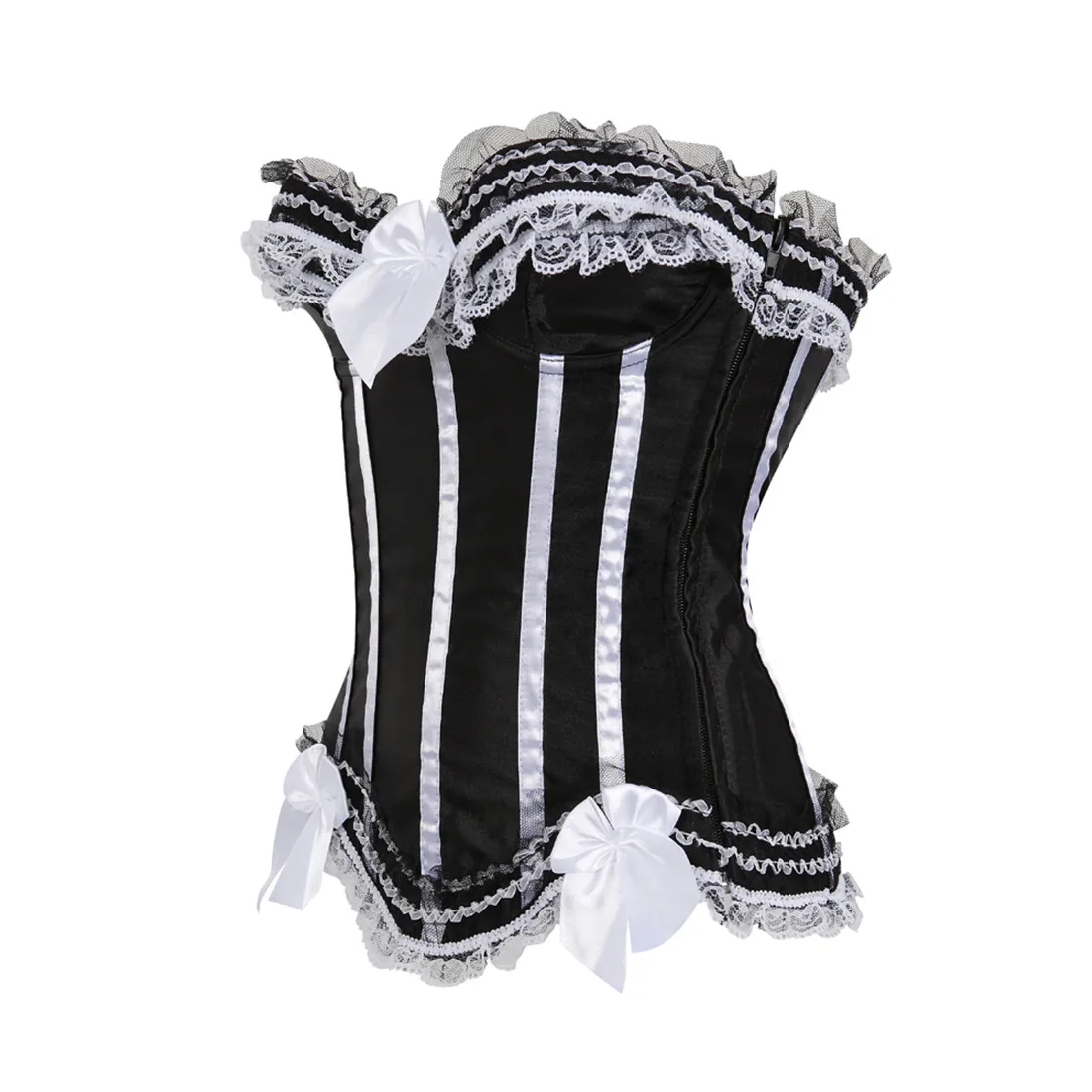Sexy Satin Overbust Corset Top Lace Bowknot Decorated Clubwear Showgirl Body Shaper Plus Size