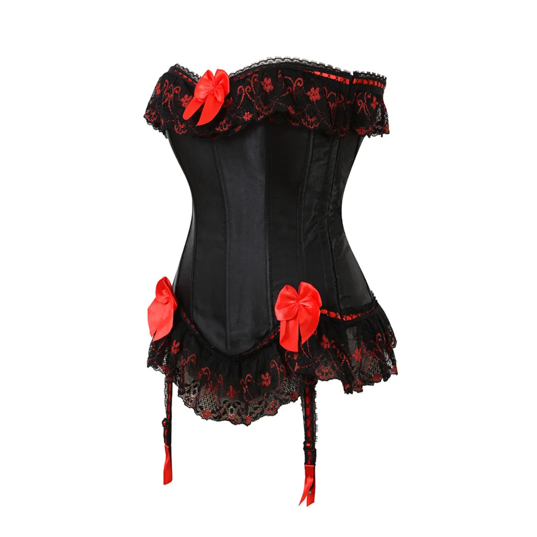 Sexy Satin Overbust Corset Top Lace Bowknot Decorated Clubwear Showgirl Body Shaper Plus Size