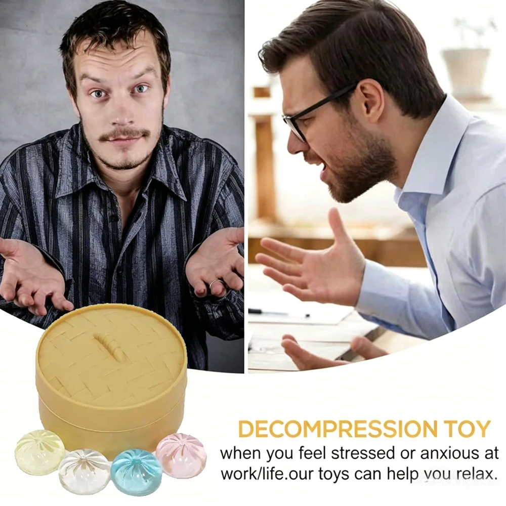 5Pcs Mini Dumplings with Steamer Bun Squeezable Toys Set Soft Stress Relief Crystal Squishy Fidget Sensory Toy Party Favors Gift