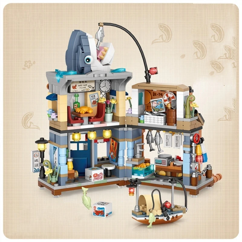 Street View House Building Blocks Izakaya Shaved Ice Shop Takoyaki Shop Coffee Shop Panda Tea House Children's Gift