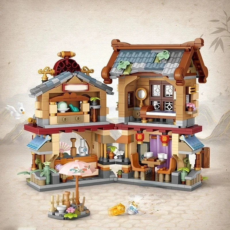 Street View House Building Blocks Izakaya Shaved Ice Shop Takoyaki Shop Coffee Shop Panda Tea House Children's Gift
