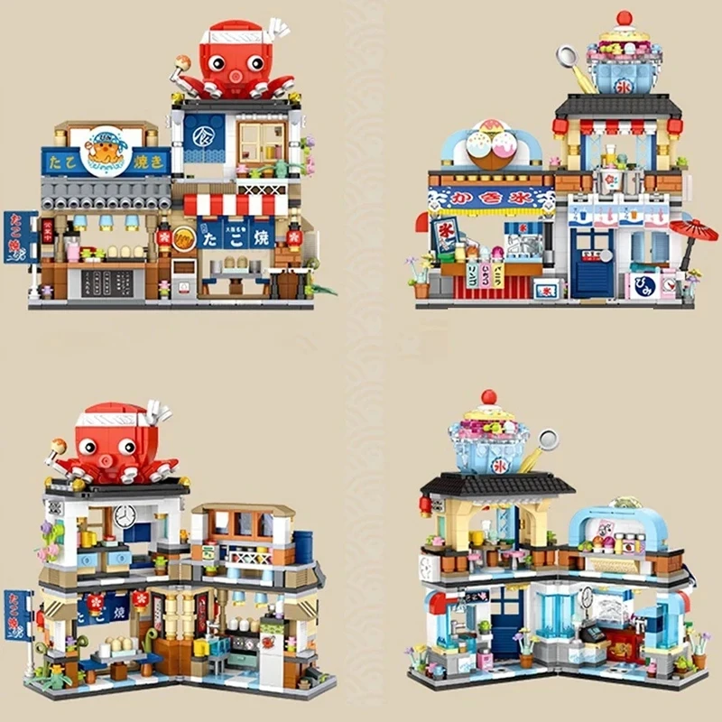 Street View House Building Blocks Izakaya Shaved Ice Shop Takoyaki Shop Coffee Shop Panda Tea House Children's Gift