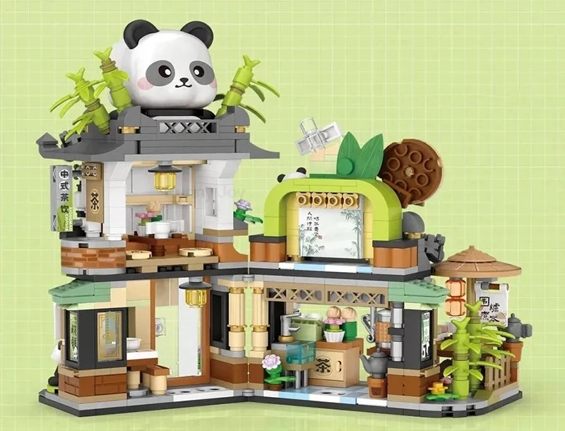 Street View House Building Blocks Izakaya Shaved Ice Shop Takoyaki Shop Coffee Shop Panda Tea House Children's Gift