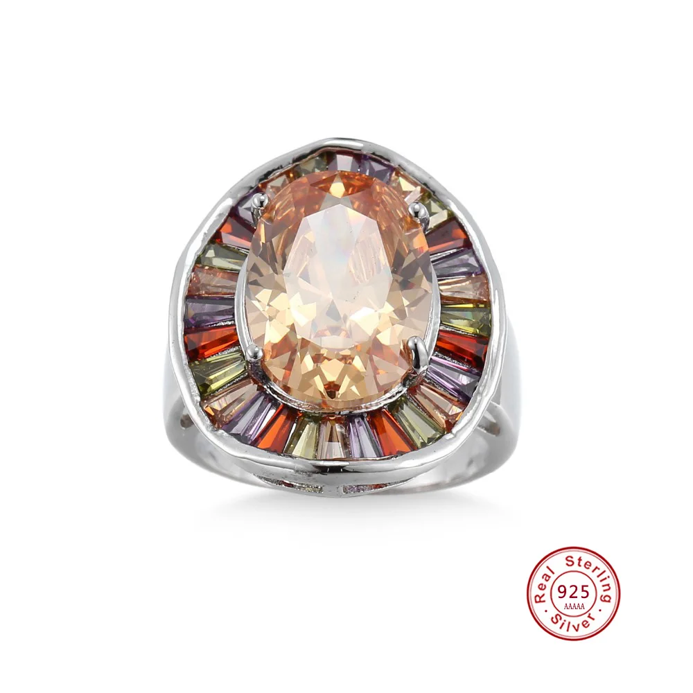 New Statement Bridal Big Round Colorful CZ Finger 925 Sterling Silver Rings Champagne Cubic Zircon Jewelry for Women Party Gift