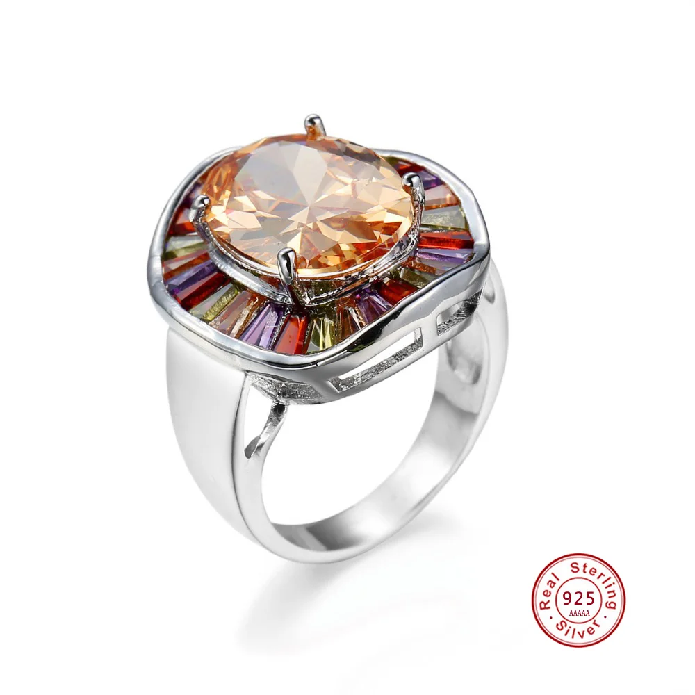 New Statement Bridal Big Round Colorful CZ Finger 925 Sterling Silver Rings Champagne Cubic Zircon Jewelry for Women Party Gift