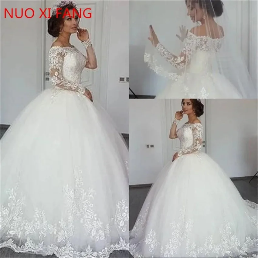 Luxury Lace Appliques Long Sleeves Wedding Dresses Princess Vestido de Noiva Sweep Train Boat Neck Off The Shoulder Bridal Gowns