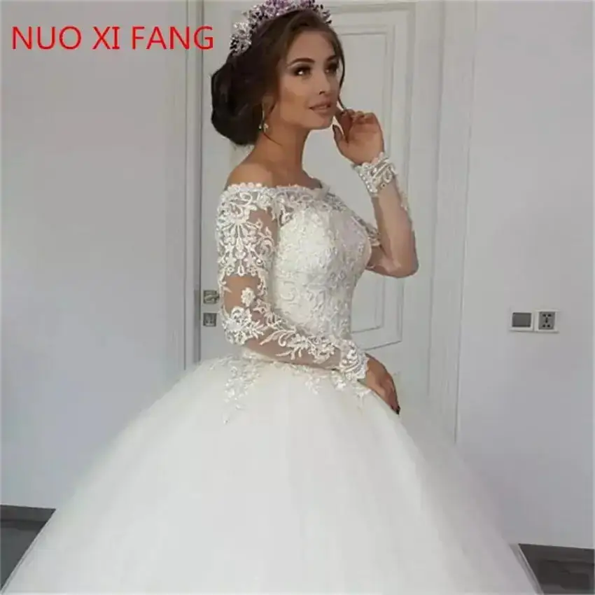 Luxury Lace Appliques Long Sleeves Wedding Dresses Princess Vestido de Noiva Sweep Train Boat Neck Off The Shoulder Bridal Gowns