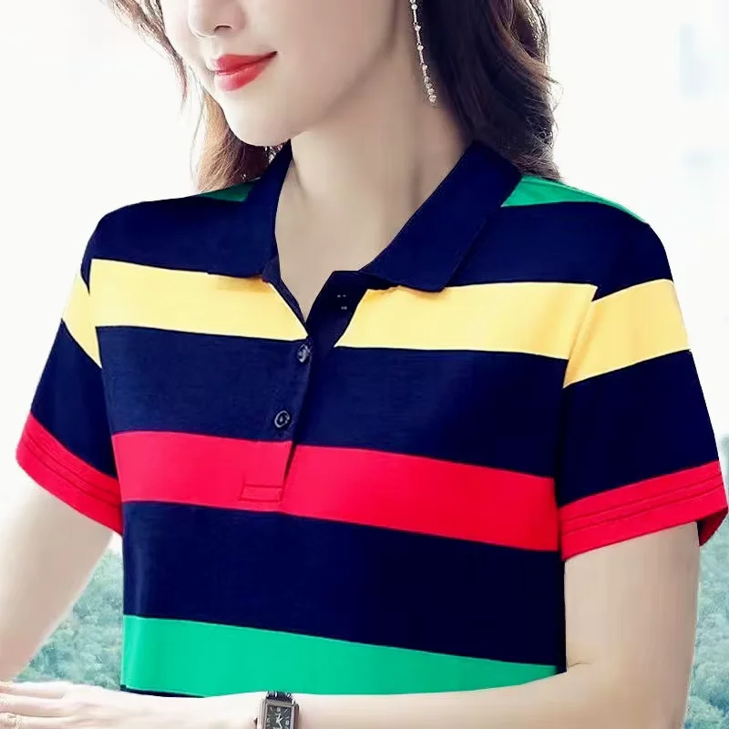 Women Summer Tops Strip Tees Sexy Vintage Short Sleeve 5XL Polo T Shirts Loose Casual Befree Boho Tees