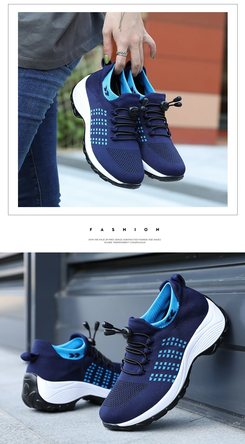 Women Walking Trainers Fashion Fly Weaving Sock Sneakers Breathe Comfortable Nursing Shoes Casual Platform Loafers Non-Slip