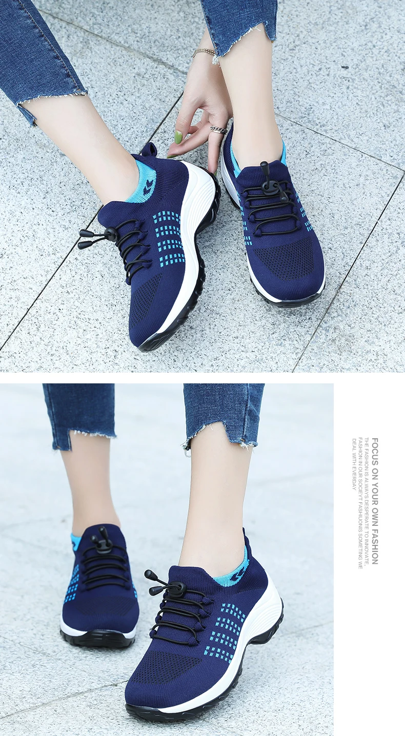 Women Walking Trainers Fashion Fly Weaving Sock Sneakers Breathe Comfortable Nursing Shoes Casual Platform Loafers Non-Slip