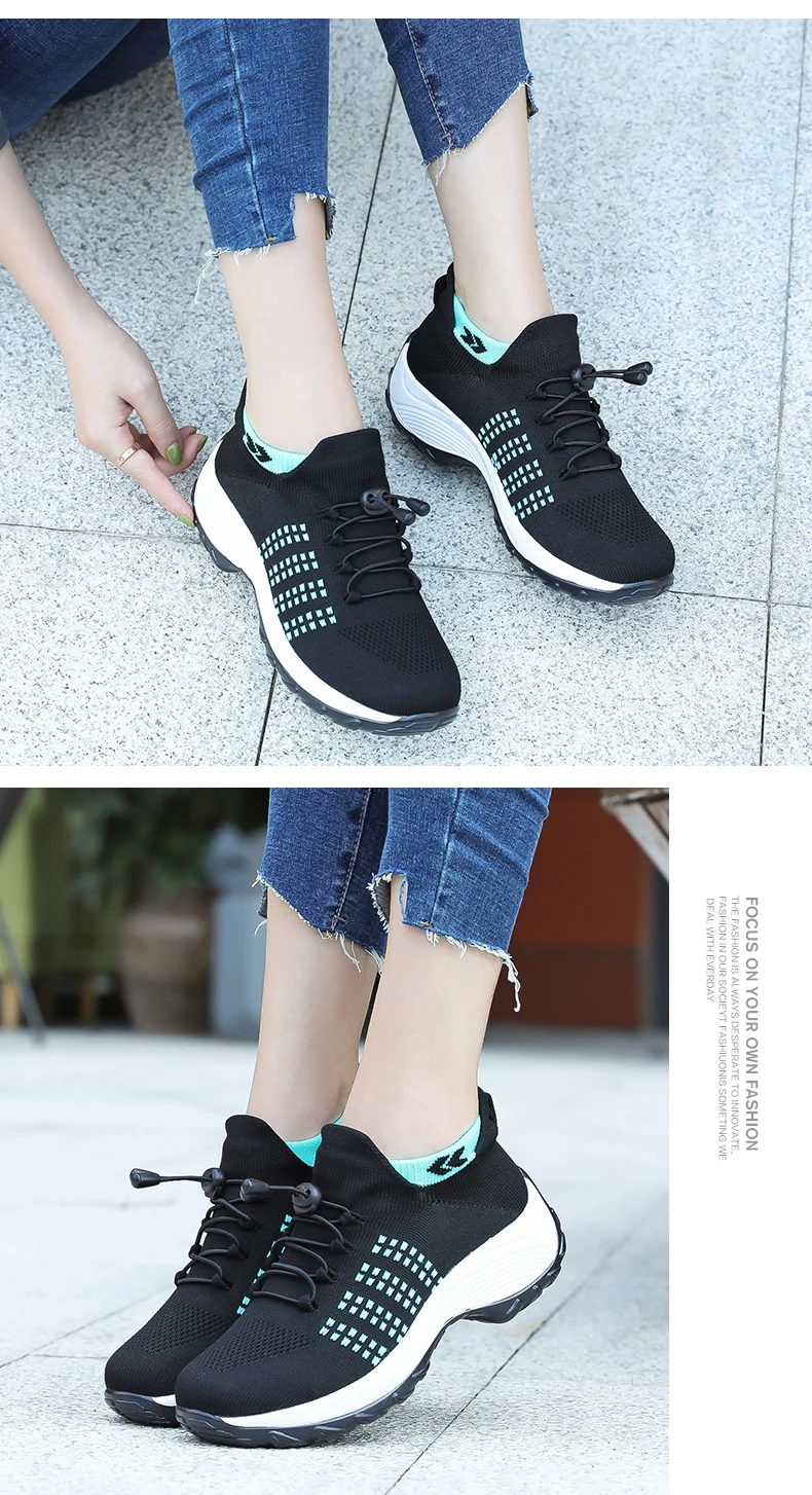 Women Walking Trainers Fashion Fly Weaving Sock Sneakers Breathe Comfortable Nursing Shoes Casual Platform Loafers Non-Slip