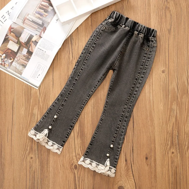 New Fashion Teenage Girls Jeans Pants Bead Lace Denim Girl Trousers Children's Stretch Waist Solid Pants Casual Bell-bottoms