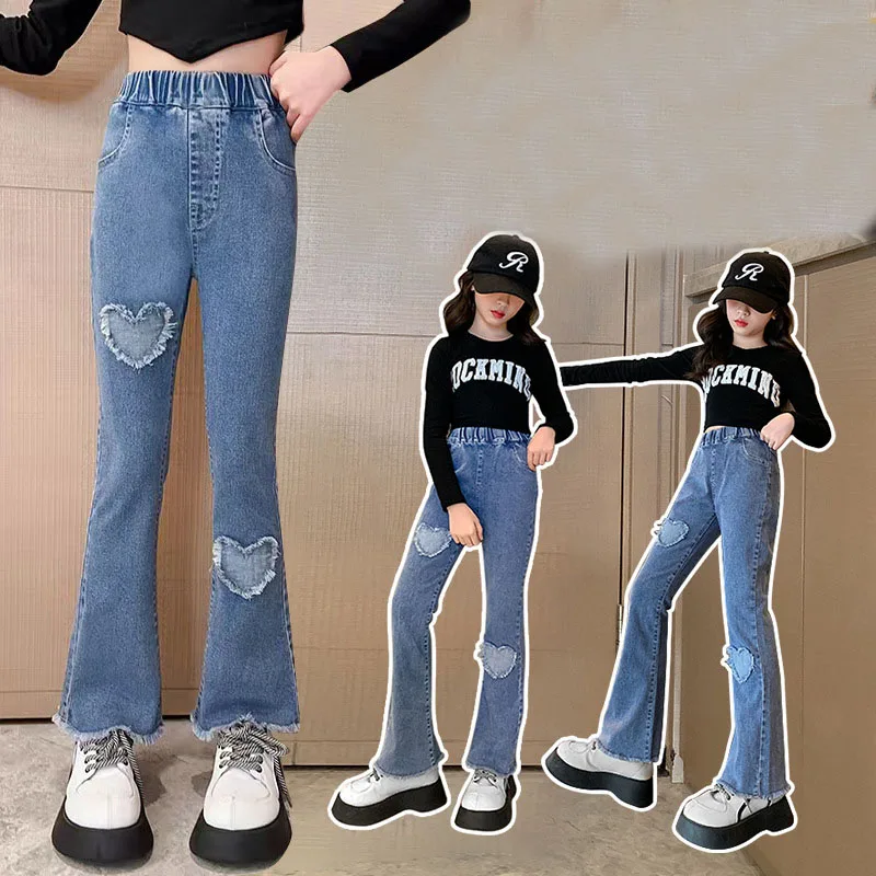 New Fashion Teenage Girls Jeans Pants Bead Lace Denim Girl Trousers Children's Stretch Waist Solid Pants Casual Bell-bottoms