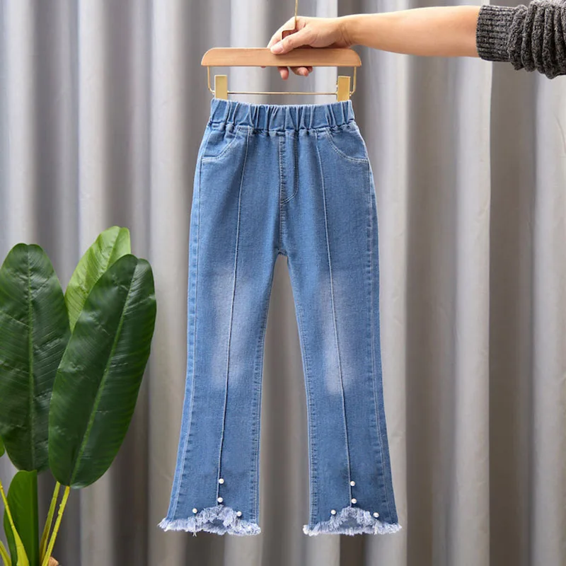 New Fashion Teenage Girls Jeans Pants Bead Lace Denim Girl Trousers Children's Stretch Waist Solid Pants Casual Bell-bottoms