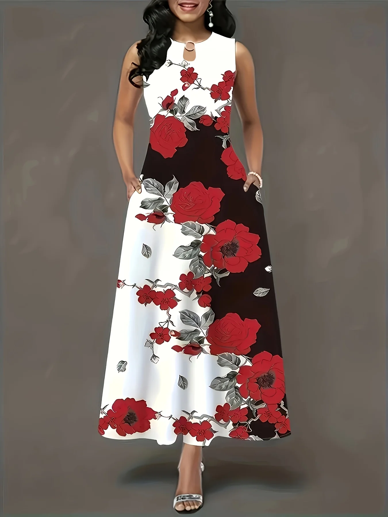 Large size European and American printed sleeveless temperament long dress for women, retro long dress