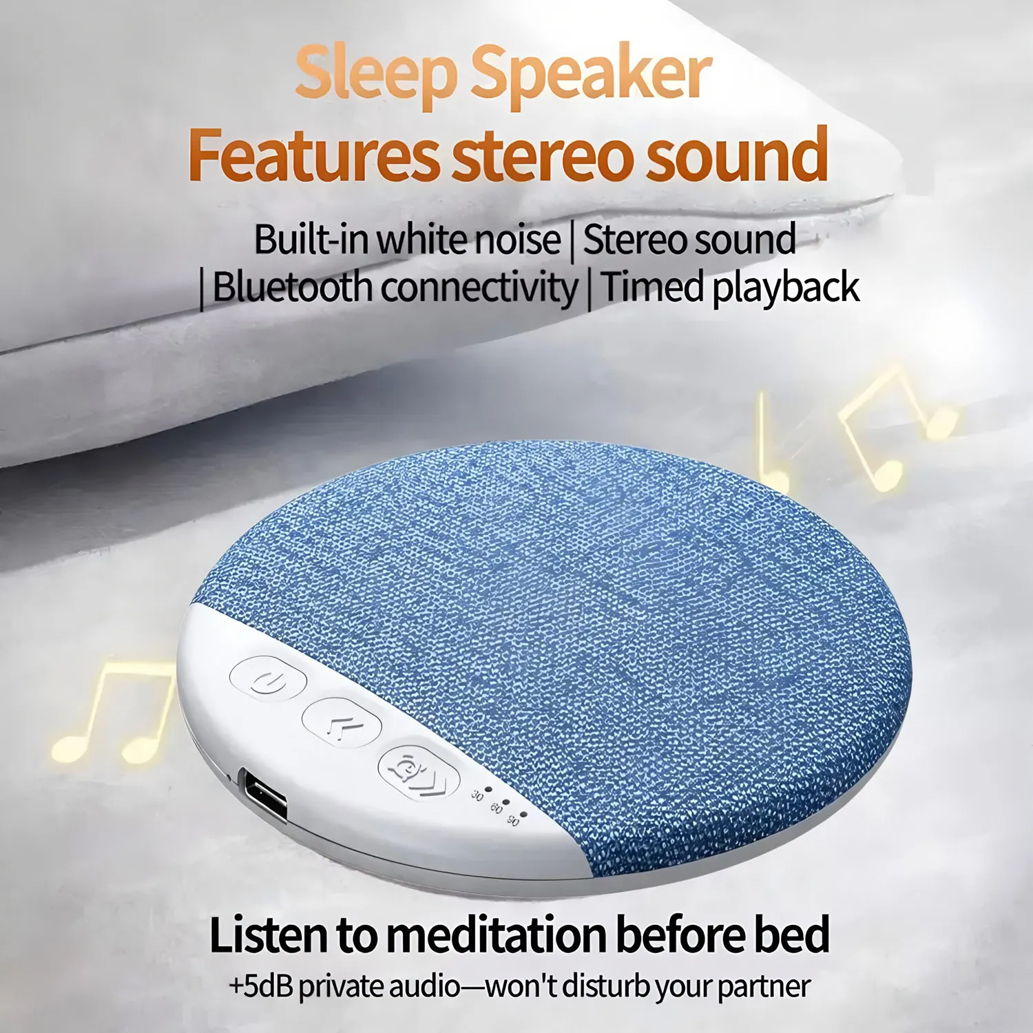 NEW Blue Wireless Pillow Speaker Sleep Aid Bluetooth Under Pillow Machine Speaker 30/60/90 Min Timer Stereo Sound