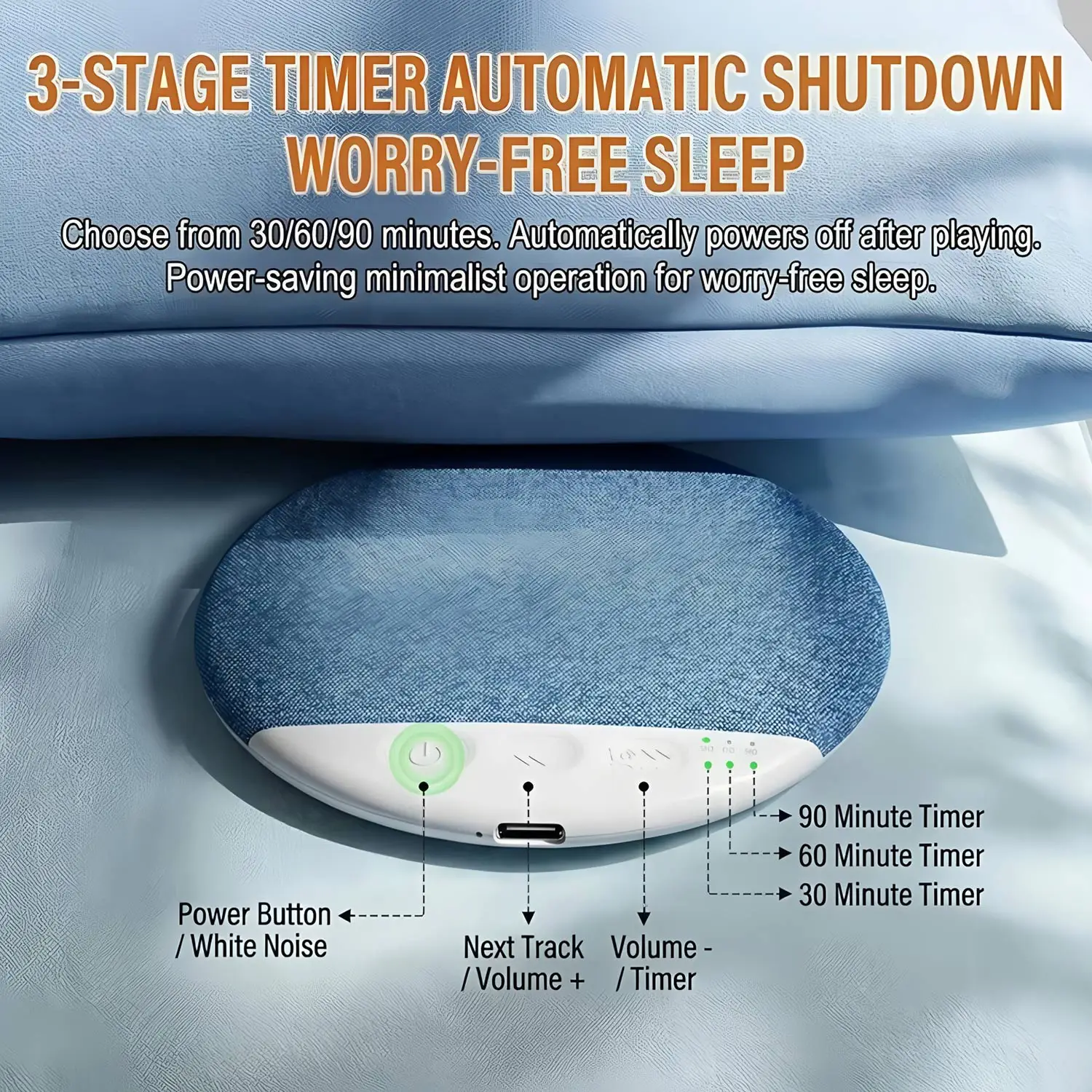 NEW Blue Wireless Pillow Speaker Sleep Aid Bluetooth Under Pillow Machine Speaker 30/60/90 Min Timer Stereo Sound