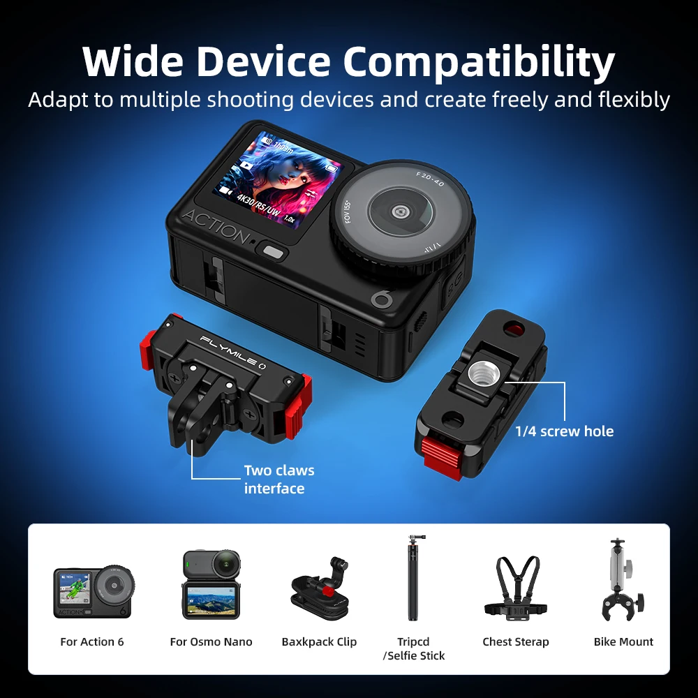 Flymile Quick-Release Mount Magnetic for DJI Action 6 Osmo 360 II Nano Camera 360 ° Rotate Base Extension Bracket Foldable Claw