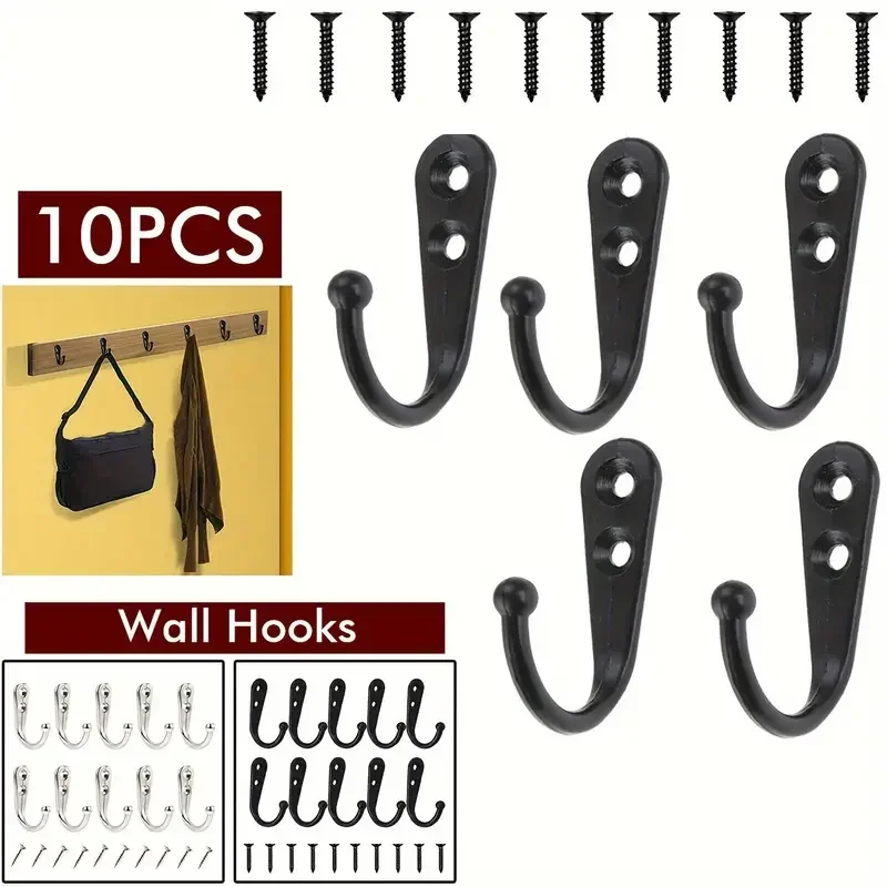 Black Metal Hooks with Screws Wall Mounted Hanging Hook for Coat Towel Bags Caps Hanger Kitchen Bathroom Storage Rack Holder