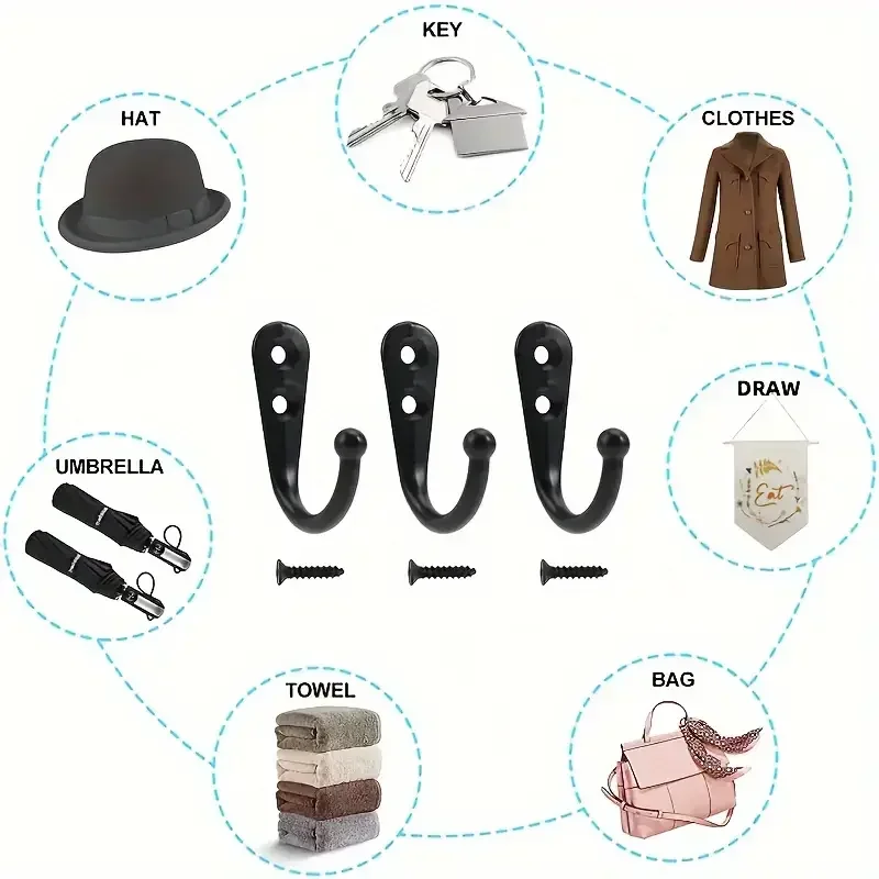Black Metal Hooks with Screws Wall Mounted Hanging Hook for Coat Towel Bags Caps Hanger Kitchen Bathroom Storage Rack Holder