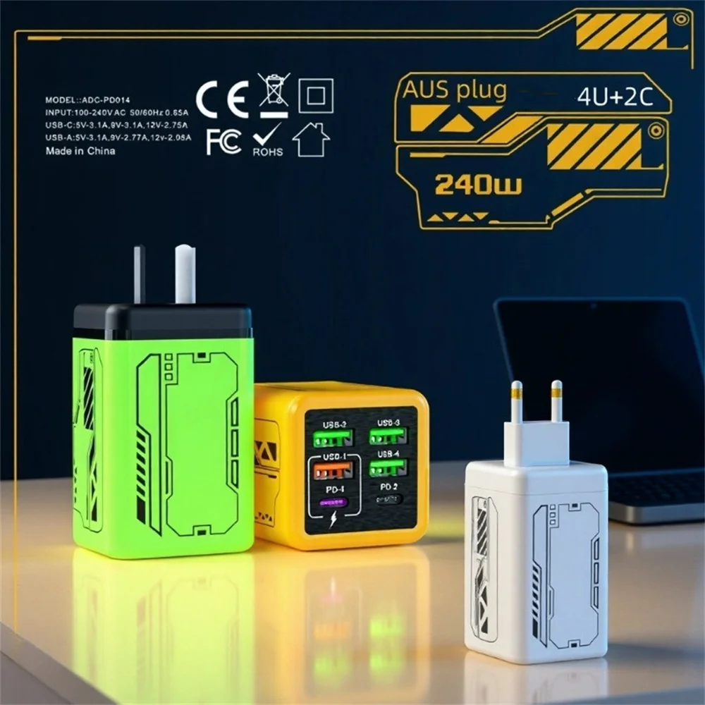 240W 6 in 1 USB Charger Type C Fast Charge Phone Power Adapter For iPhone Samsung Xiaomi EU/US/UK Plug Quick Charge Wall Charger