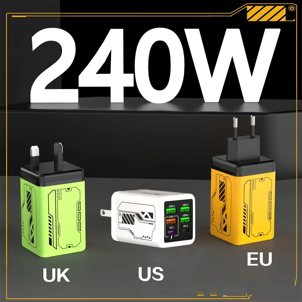 240W 6 in 1 USB Charger Type C Fast Charge Phone Power Adapter For iPhone Samsung Xiaomi EU/US/UK Plug Quick Charge Wall Charger