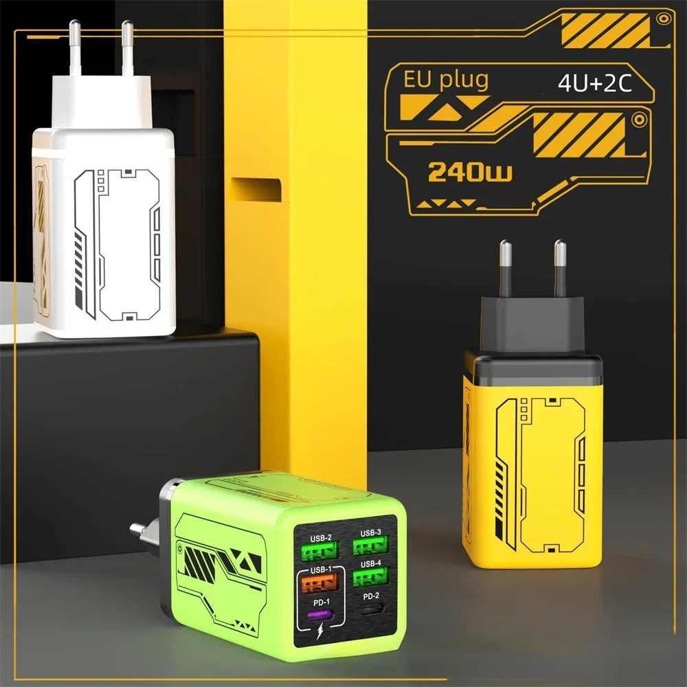 240W 6 in 1 USB Charger Type C Fast Charge Phone Power Adapter For iPhone Samsung Xiaomi EU/US/UK Plug Quick Charge Wall Charger