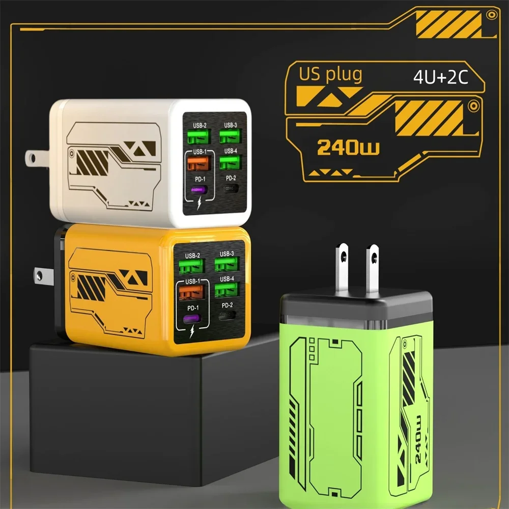 240W 6 in 1 USB Charger Type C Fast Charge Phone Power Adapter For iPhone Samsung Xiaomi EU/US/UK Plug Quick Charge Wall Charger